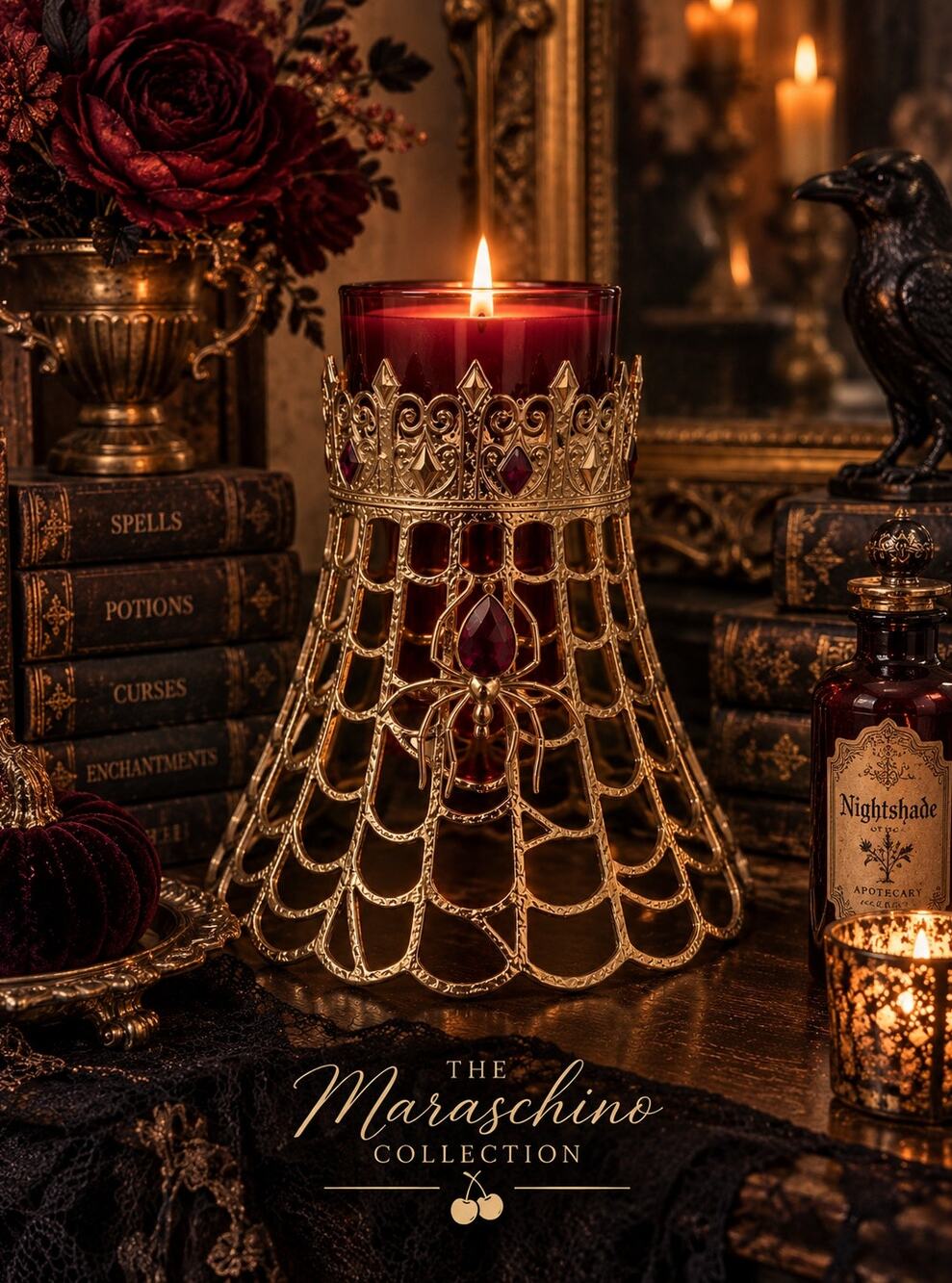 Bath & Body Works Gold Spider Web Jeweled Candle Holder Halloween Gothic Glam